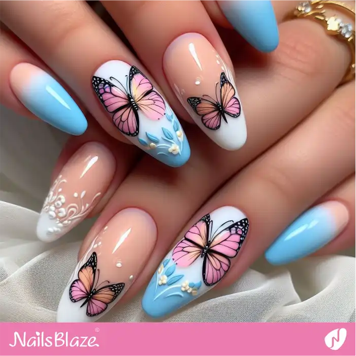 Peach Fuzz Butterfly Nails with Blue and White Tips | Color of the Year 2024 - NB1820